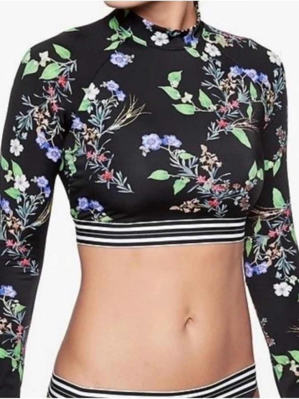 Athleta Black Gold Coast Floral Long-Sleeve Crop Swim Top